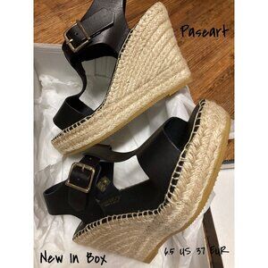 Paseart Espadrille Wedge Sandals Black Leather  Women's Size 6.5 US 37 EUR New